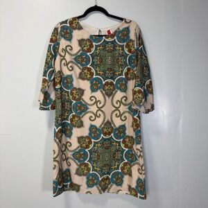 Vintage 90s Gibiu Floral Patterned Boho Shift Dress with 3/4 Sleeves Size Large